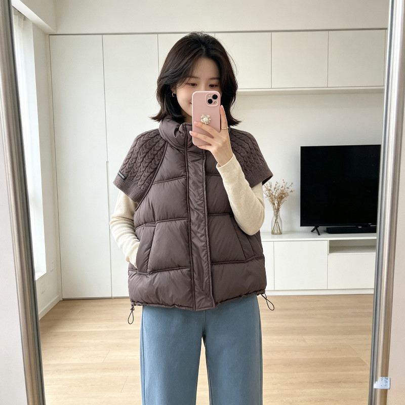 秋冬设计感针织短袖拼接休闲宽松大码小个子棉服马夹外套女洋气潮