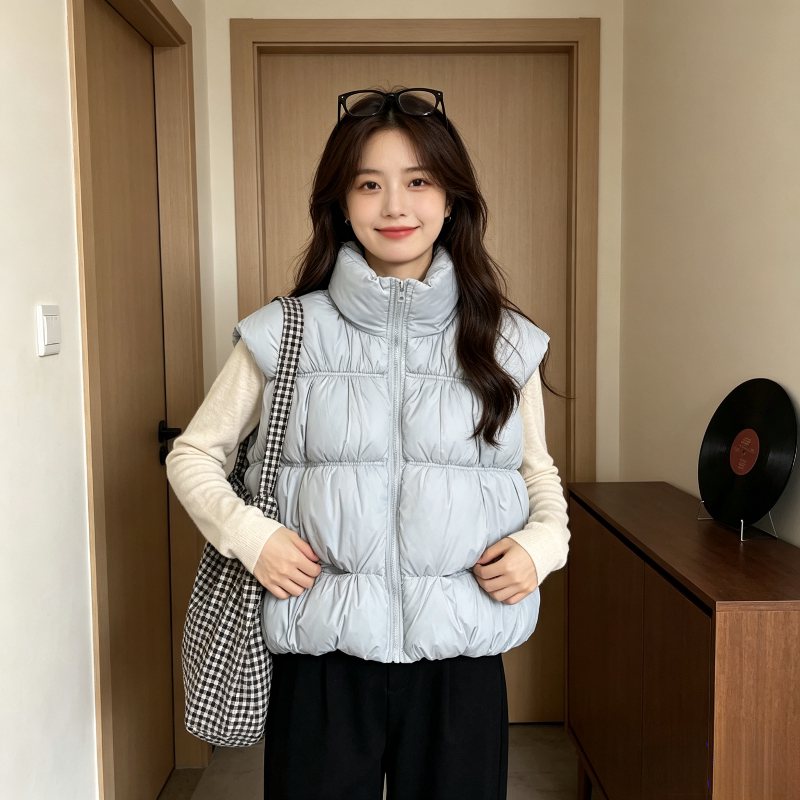 温柔风减龄夏季宽松大码小个子无袖坎肩立领棉服马夹外套女百搭潮