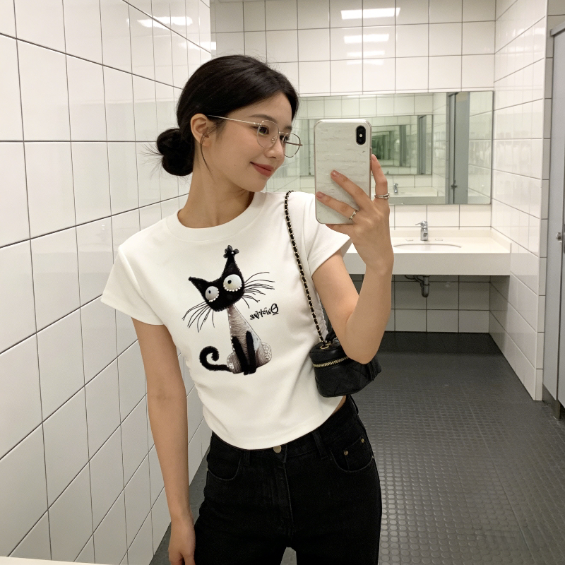 正肩短袖T恤女夏季设计感短款小个子小众修身显瘦上衣洋气百搭潮