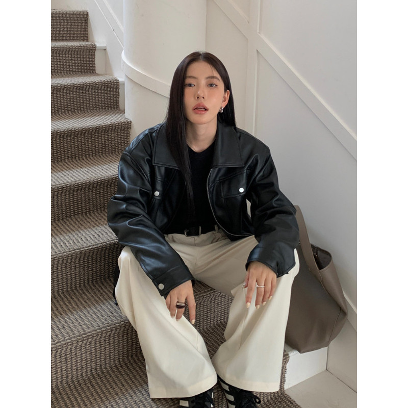 免洗亮面设计感宽松小个子春秋大码皮衣外套女休闲百搭机车夹克潮