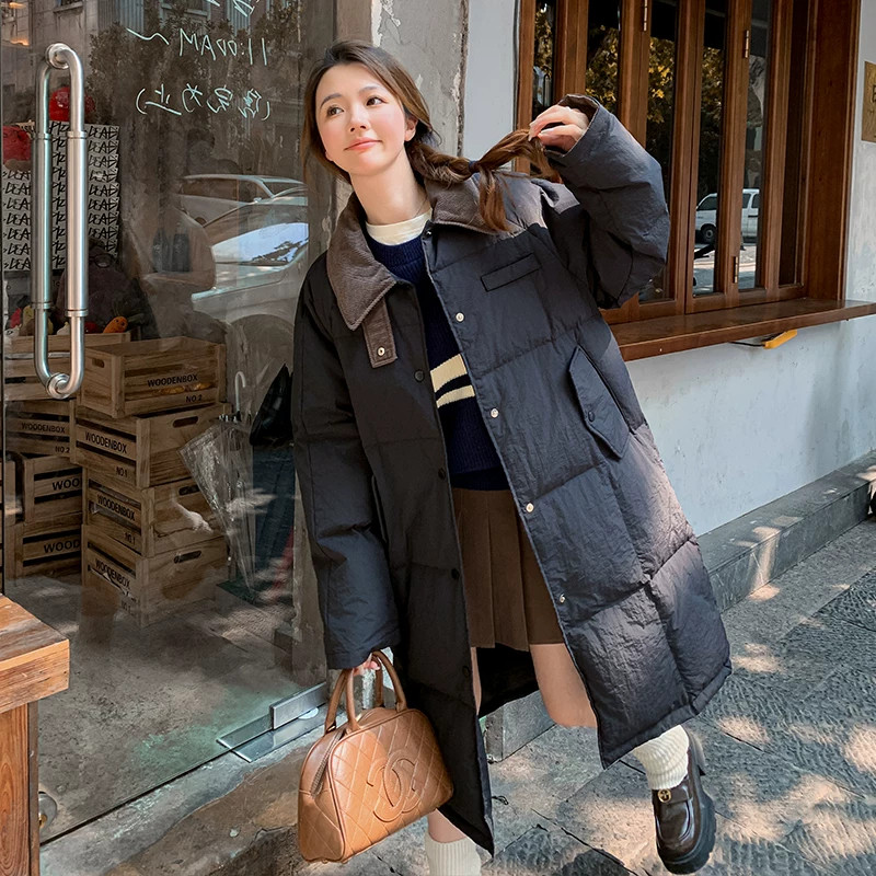 欧货冬季灯芯绒拼接撞色中长款休闲宽松大码小个子棉服外套女大衣