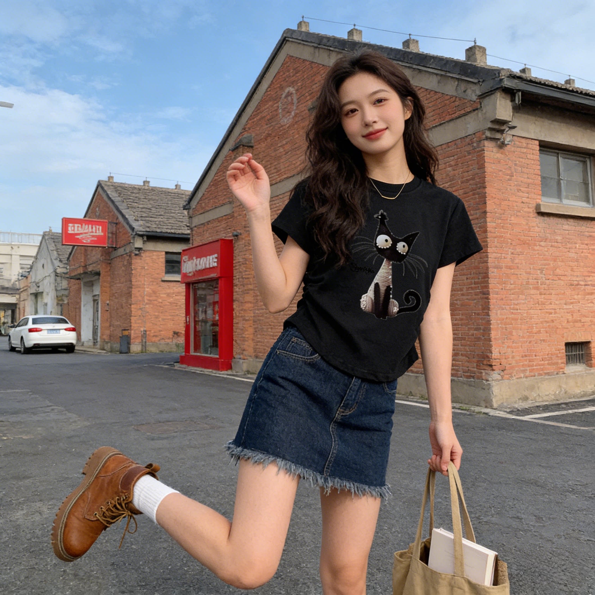 时尚韩版卡通小猫咪印花正肩短袖T恤女夏季修身短款小个子上衣女