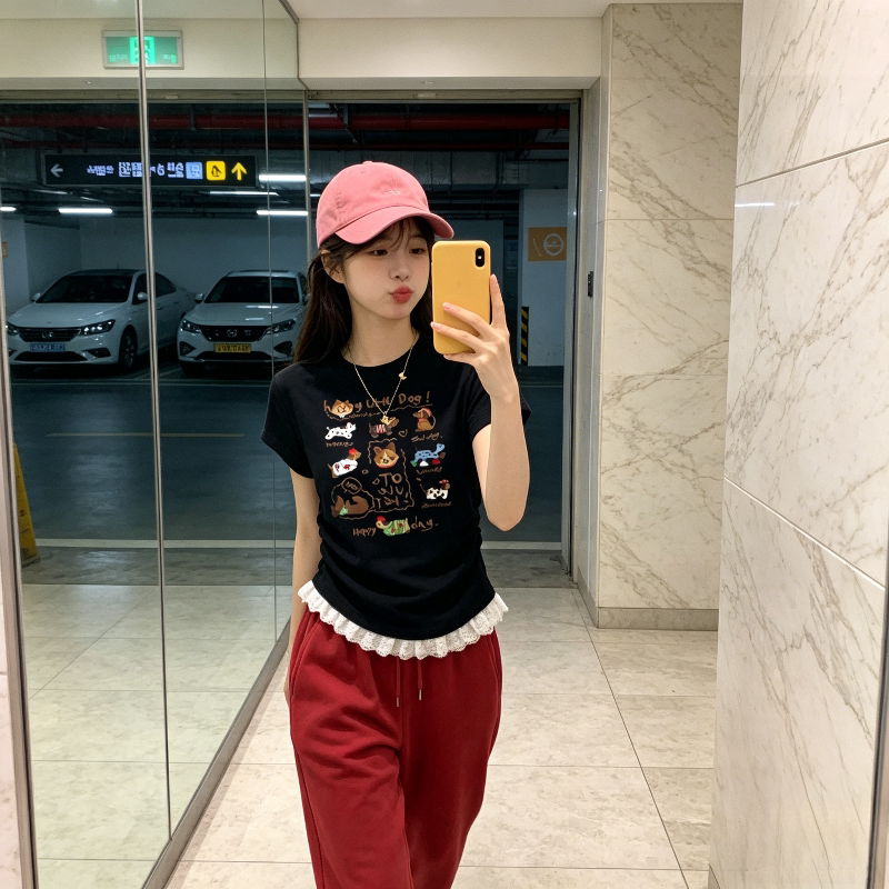正肩蕾丝花边下摆短款掐腰修身显瘦短袖T恤上衣女洋气减龄百搭潮