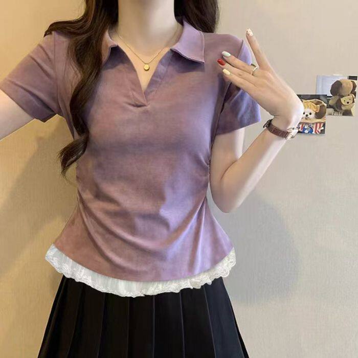 夏季蕾丝下摆T恤女收腰减龄百搭元气清新温柔显瘦日常通勤上衣女