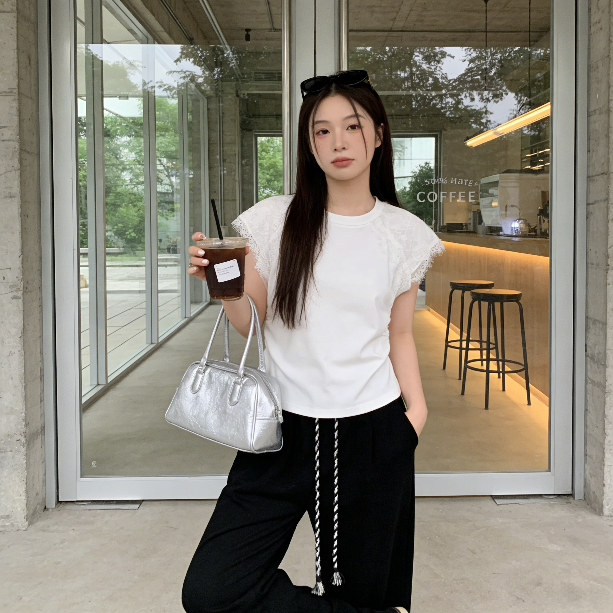 韩系chic白色蕾丝小飞袖T恤女收腰褶皱设计感小众夏季短袖上衣潮