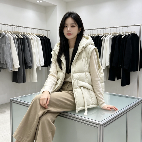 欧货慵懒风设计感宽松大码小个子连帽加厚无袖坎肩棉服马夹外套女