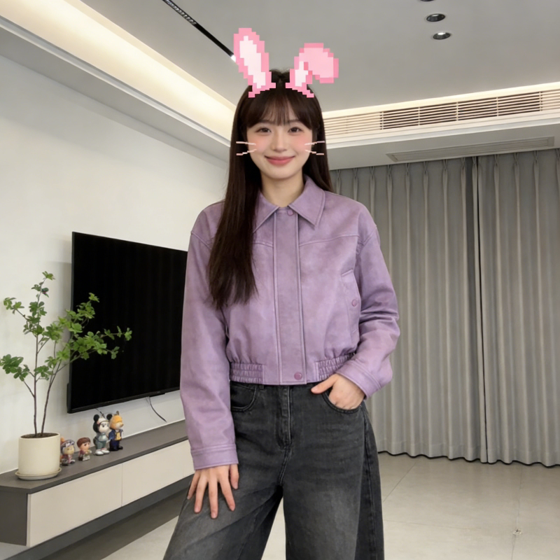 紫色短款设计感翻领pu皮免洗亮面小个子短款皮衣外套女机车夹克潮