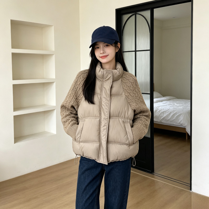 冬季立领针织袖子拼接设计感慵懒风宽松保暖防寒棉服外套女面包服