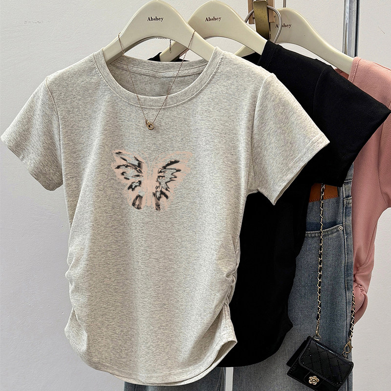 2026新款夏季正肩短袖T恤女蝴蝶印花设计感小众打底蕾丝上衣ins潮