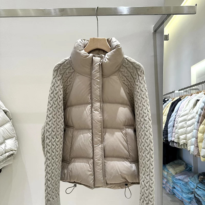 冬季欧货立领针织麻花袖子拼接立领加厚保暖防寒棉服外套女面包服
