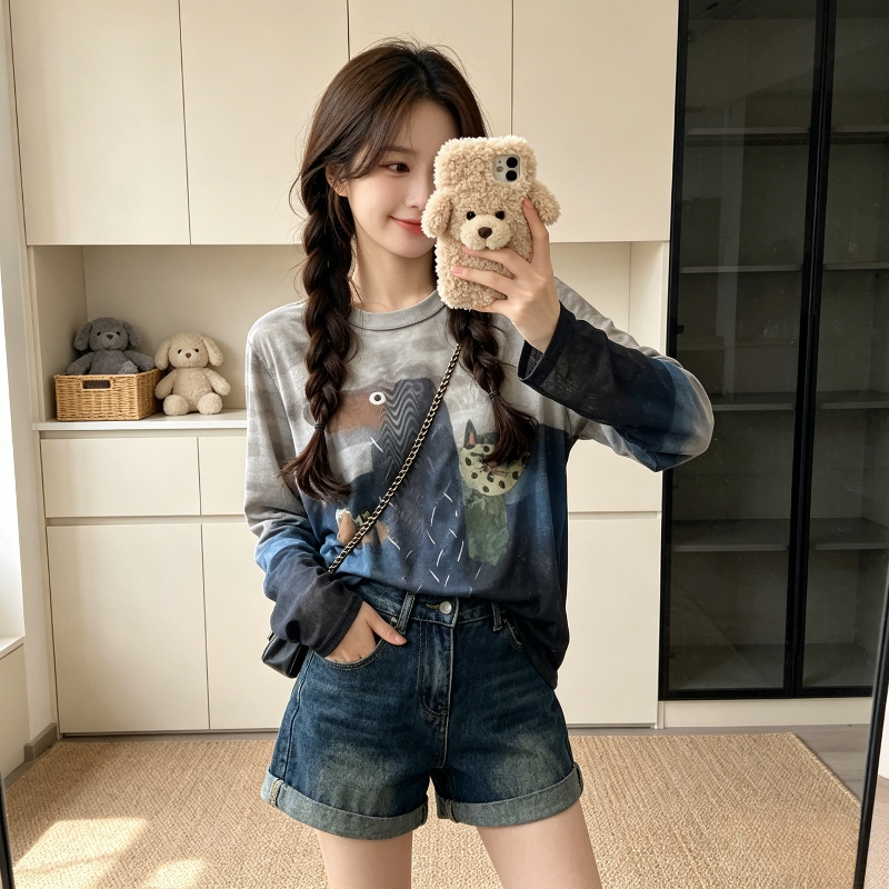 夏季薄款冰丝透气慵懒风宽松大码小个子长袖防晒T恤上衣女空调衫