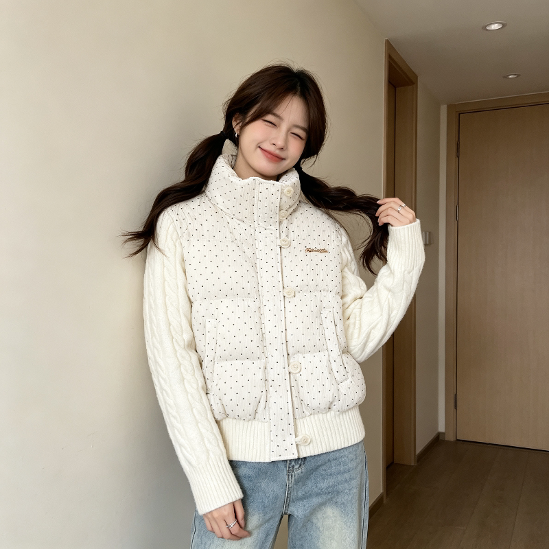 波点立领减龄设计感休闲宽松针织麻花袖棉服外套女百搭面包服洋气