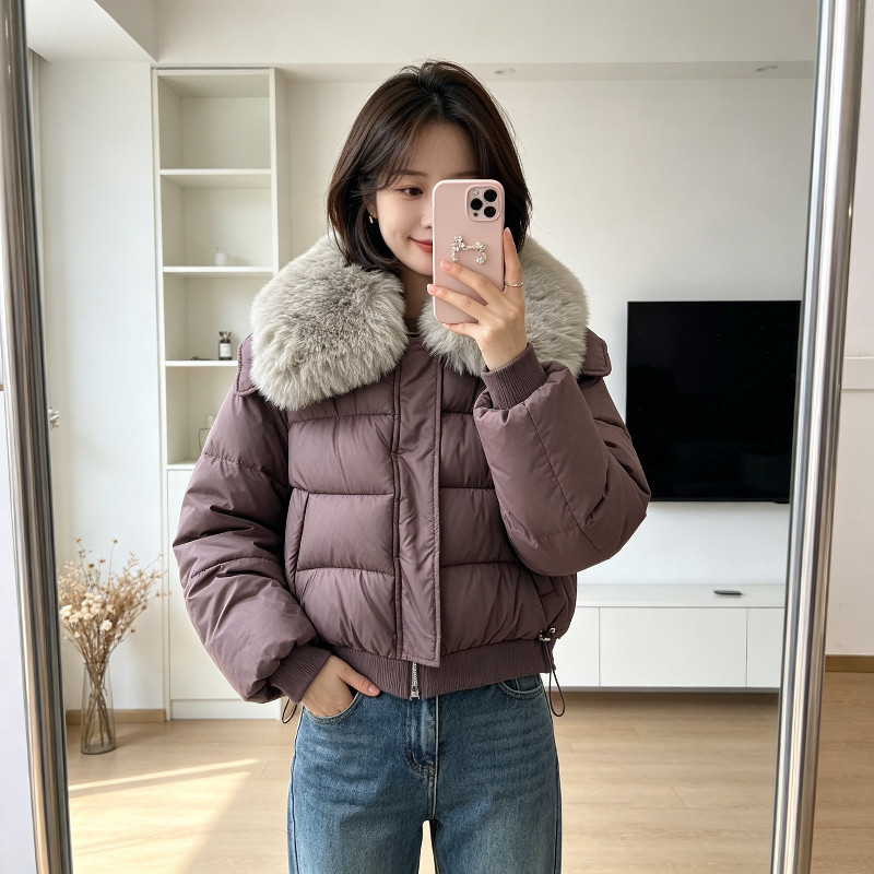 大翻领毛领加厚保暖防寒短款小个子休闲冬季棉服外套女面包服棉袄