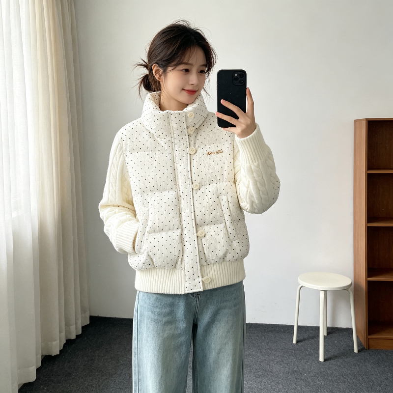 波点立领收腰显瘦小个子加厚保暖针织麻花袖子拼接棉服外套女洋气
