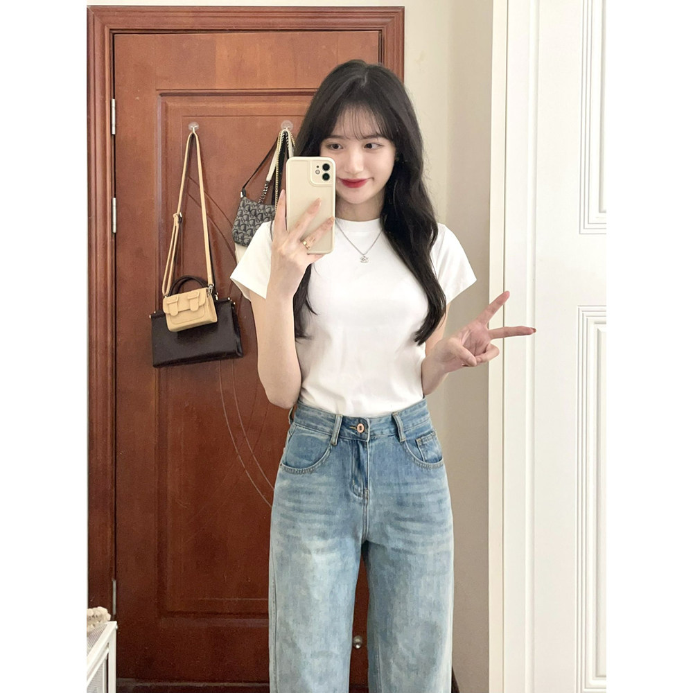 超火ins白色正肩短袖t恤女夏季修身小个子显瘦短款圆领上衣女