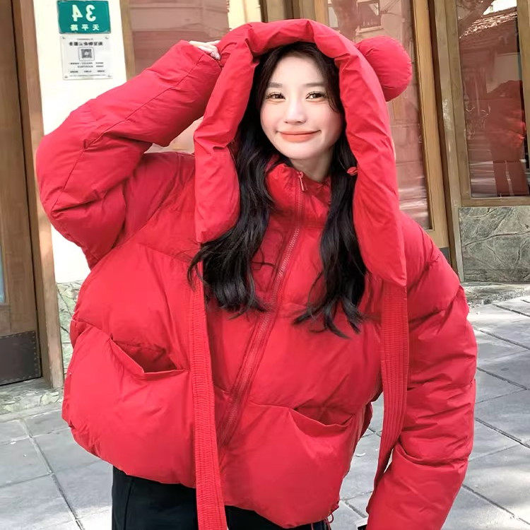 红色面包服冬季新款加厚保暖韩系韩版小熊耳朵连帽棉服外套超好看