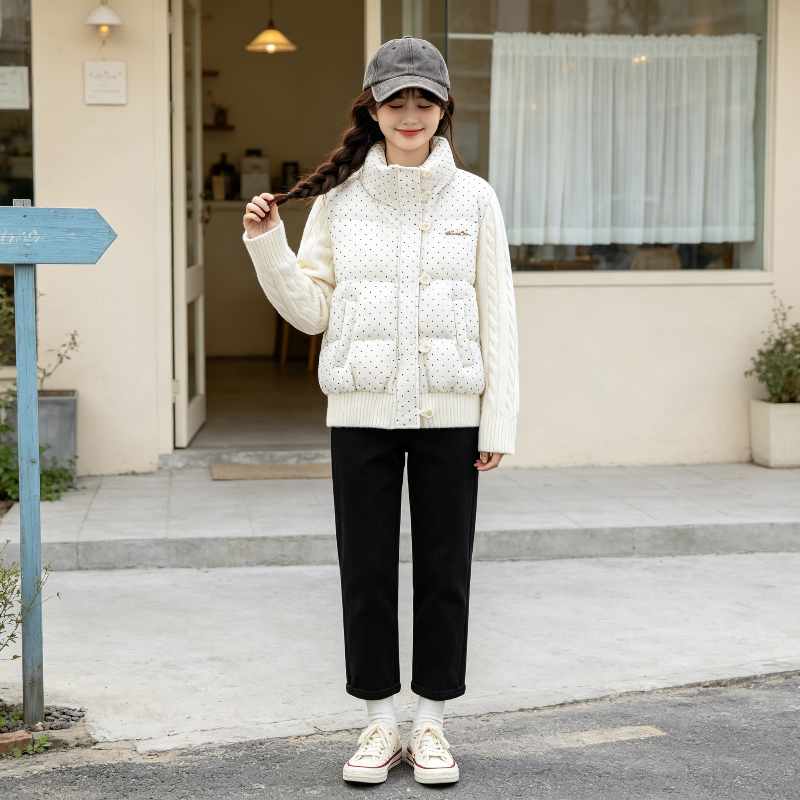 冬季波点立领设计感加厚保暖防寒针织麻花袖子拼接棉服外套女棉袄