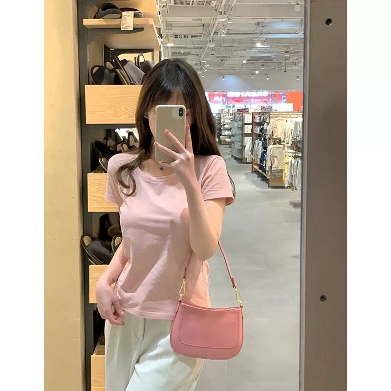 粉色正肩短袖t恤女夏季2026新款欧货小众设计感修身显瘦上衣