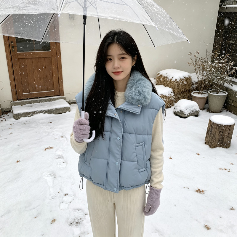 轻奢大毛领气质休闲宽松大码小个子棉服外套女百搭加厚保暖马夹潮