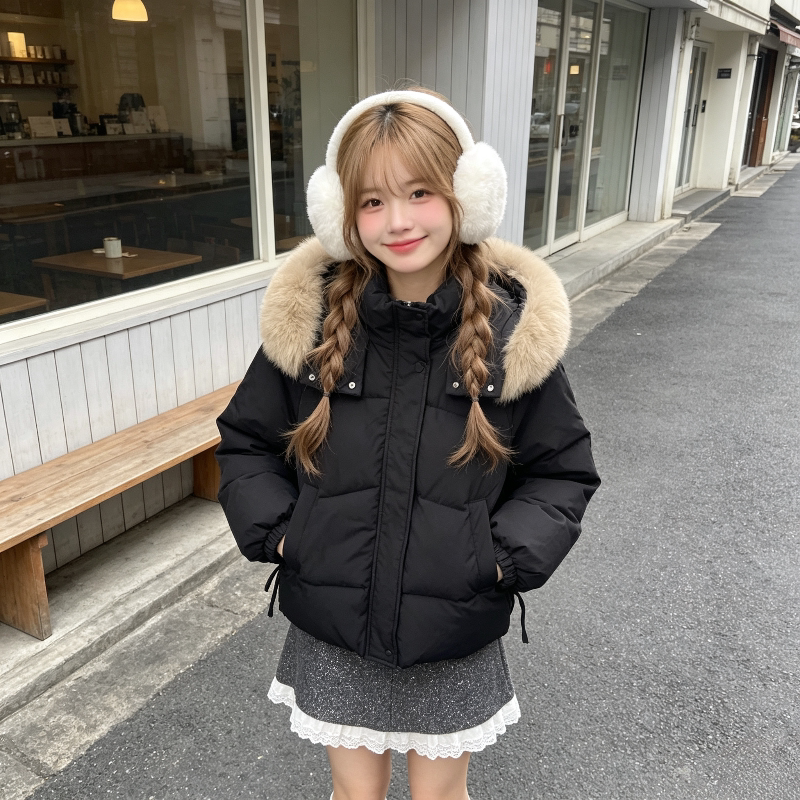冬季大毛领慵懒风连帽宽松大码小个子棉服外套女百搭面包服棉袄潮