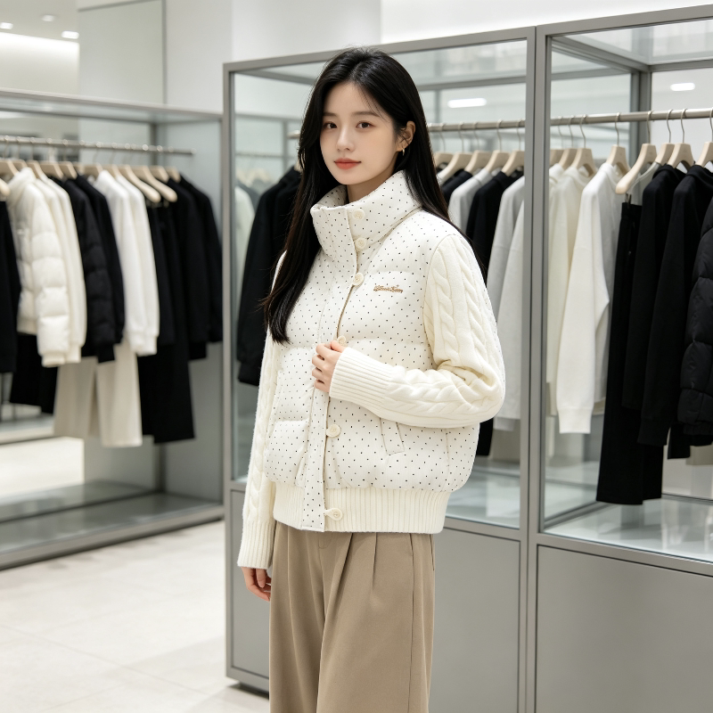 秋冬波点减龄设计感针织麻花袖子拼接小个子宽松棉服外套女面包服