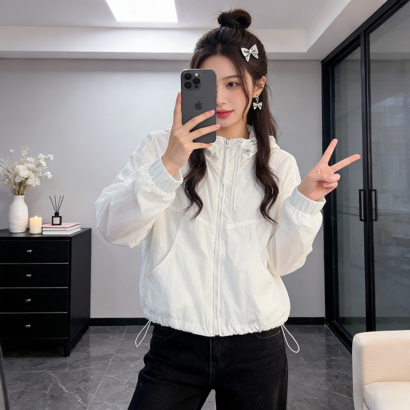 温柔风白色连帽薄款冰丝设计感双拉链防晒衣外套女百搭空调罩衫潮