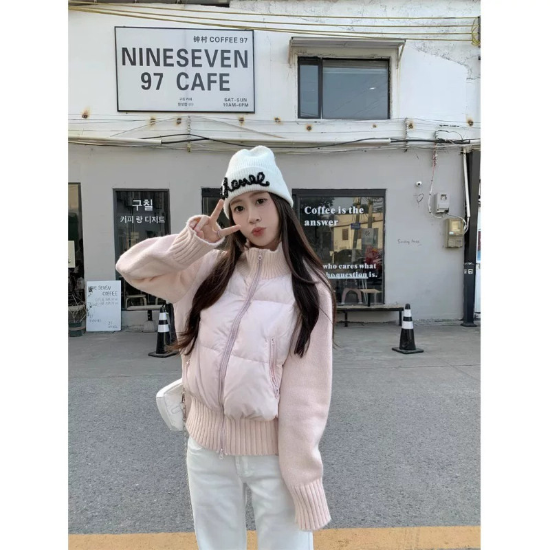 粉色温柔风减龄立领针织袖子拼接休闲小个子百搭保暖棉服外套女潮