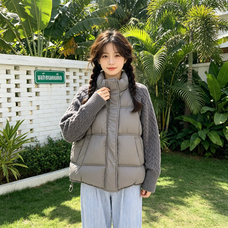 欧货冬季立领针织麻花袖子拼接宽松大码小个子棉服外套女百搭棉袄