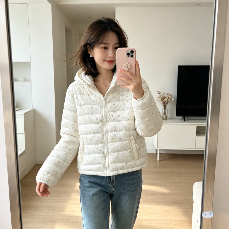 小碎花连帽秋冬设计感休闲轻薄保暖排骨服棉服外套女洋气减龄百搭