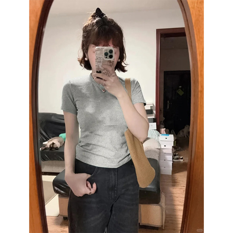 美式复古正肩纯色短袖t恤女夏季2026新款修身显瘦小个子上衣