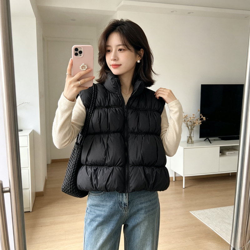 秋冬慵懒风设计感宽松大码小个子无袖立领坎肩棉服马夹外套女减龄