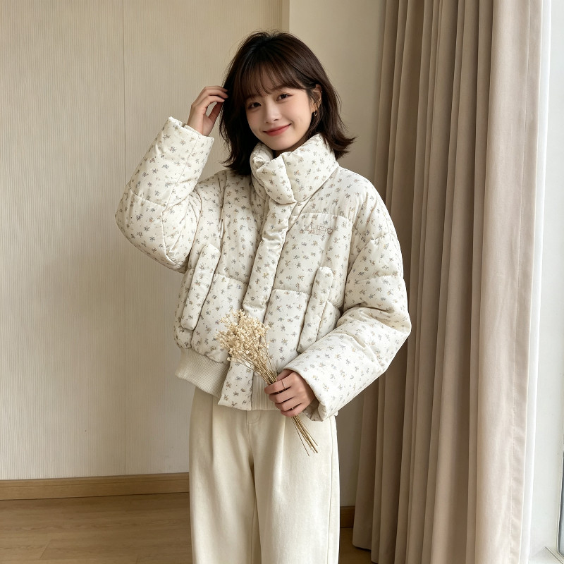 小碎花冬季立领设计感短款加厚保暖防寒小个子宽松棉服外套女减龄