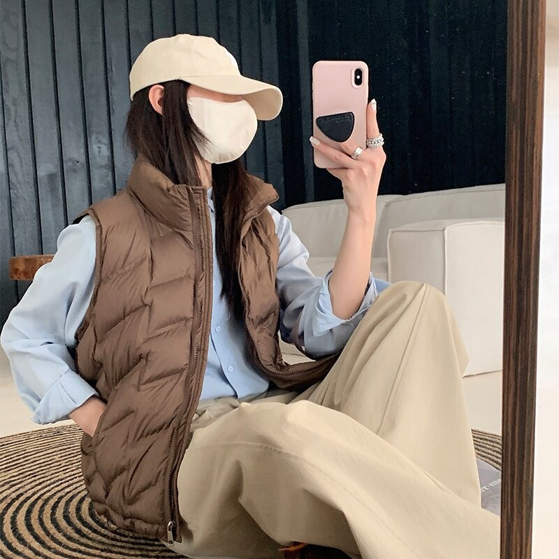 欧货秋冬设计感立领无袖坎肩菱形格轻薄保暖排骨棉服马夹外套女潮