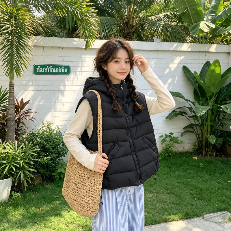 慵懒风秋冬设计感宽松大码小个子连帽休闲无袖坎肩棉服马夹外套女