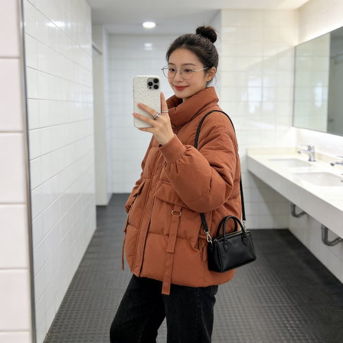 冬季慵懒风立领加厚保暖防寒宽松大码小个子棉服外套女百搭面包服