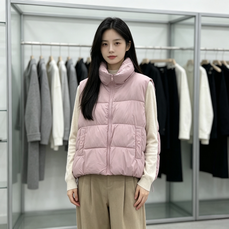 粉色减龄立领宽松大码小个子oversize无袖坎肩棉服马夹外套女