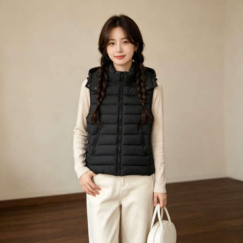 秋冬轻薄款连帽修身显瘦小个子无袖坎肩棉服马夹外套女排骨服减龄