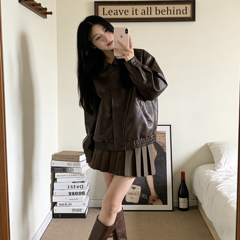 免洗亮面设计感早春翻领宽松大码小个子休闲百搭皮衣外套女夹克潮