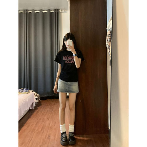 学院风正肩夏季圆领休闲百搭短袖T恤上衣女洋气小个子气质减龄潮