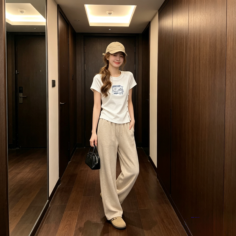 港风复古侧边纽扣开叉短袖T恤女夏季修身显瘦出街拍照百搭上衣女