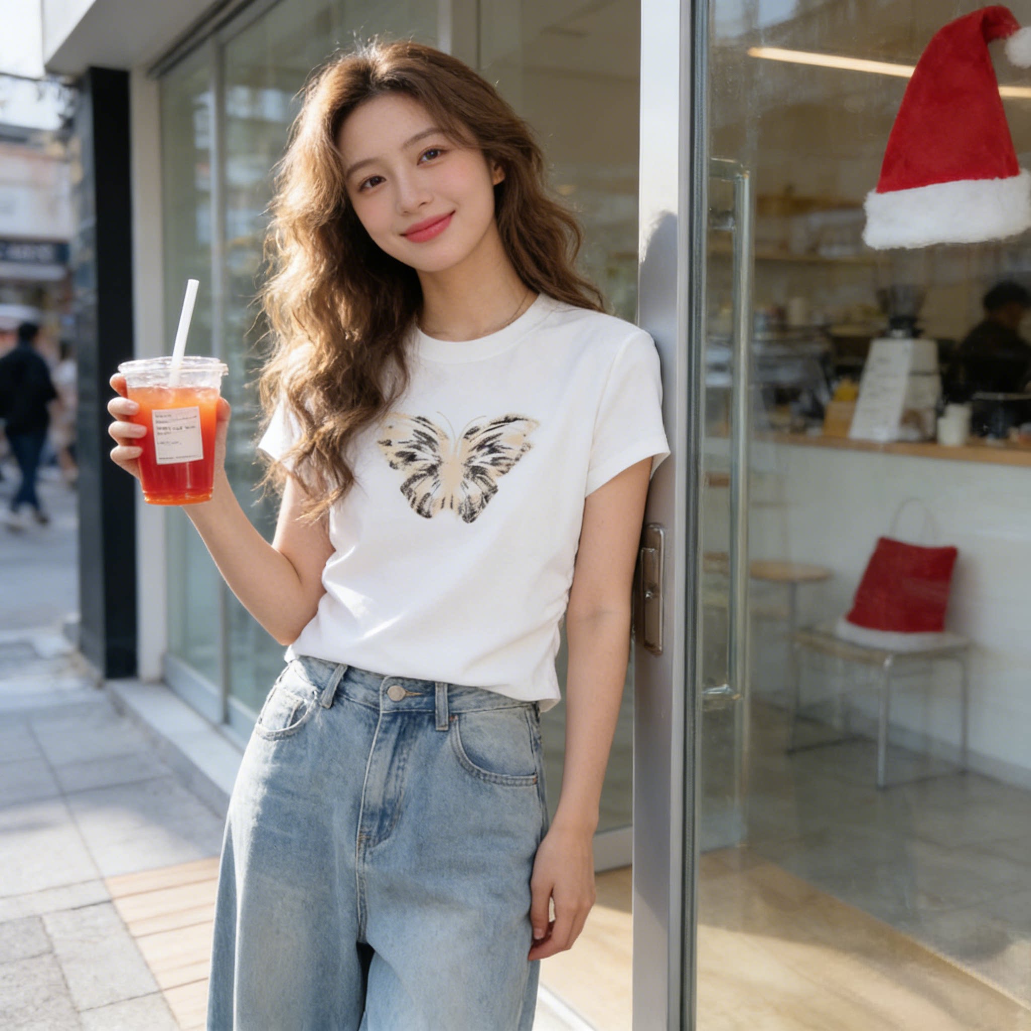 夏季新款设计感小众卡通蝴蝶印花短袖T恤女修身显瘦掐腰短款上衣