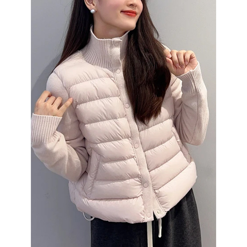 粉色温柔风减龄设计感针织拼接休闲宽松小个子轻薄排骨服棉衣女潮