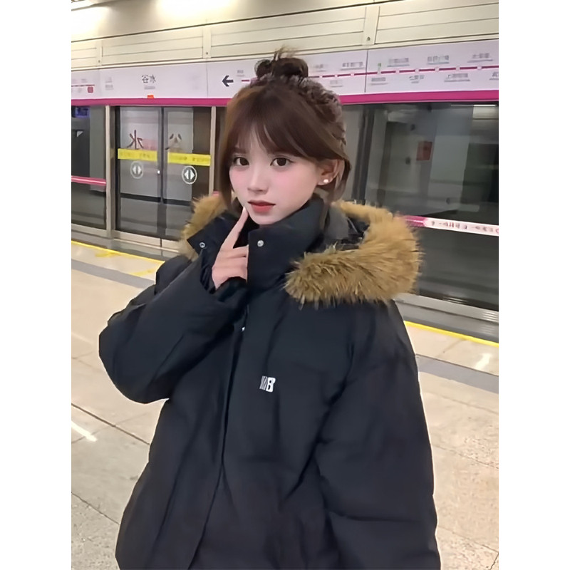 毛领冬季港风工装连帽棉服外套女宽松大码小个子派克服棉袄洋气潮
