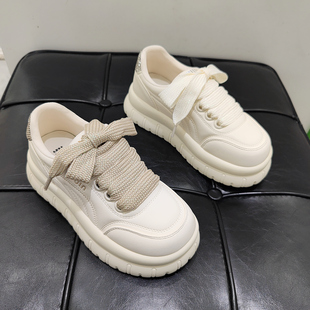 水钻松糕底休闲板鞋 女2025新款 潮 女休闲面包鞋 101真皮厚底小白鞋