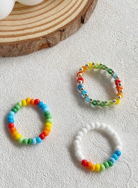 PUPU原创手工彩虹彩色串珠戒指女闺蜜简约百搭叠戴ins泫雅风