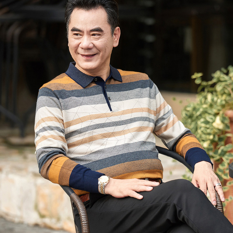 爸爸长袖t恤冰丝光棉中年40-50岁2024新款中老年男装夏季上衣薄款