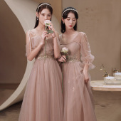 长袖 冬季 仙气显瘦晚礼服裙宴会气质长款 粉色伴娘服姐妹团2026新款