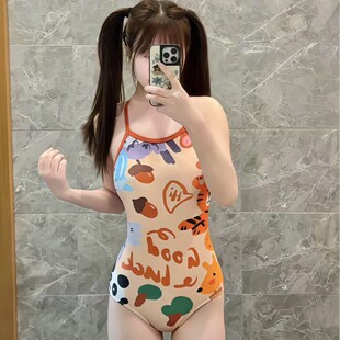 奶杏色抽象老虎涂鸦连体低叉竞速泳衣甜酷少女撞色艺术印花泳装