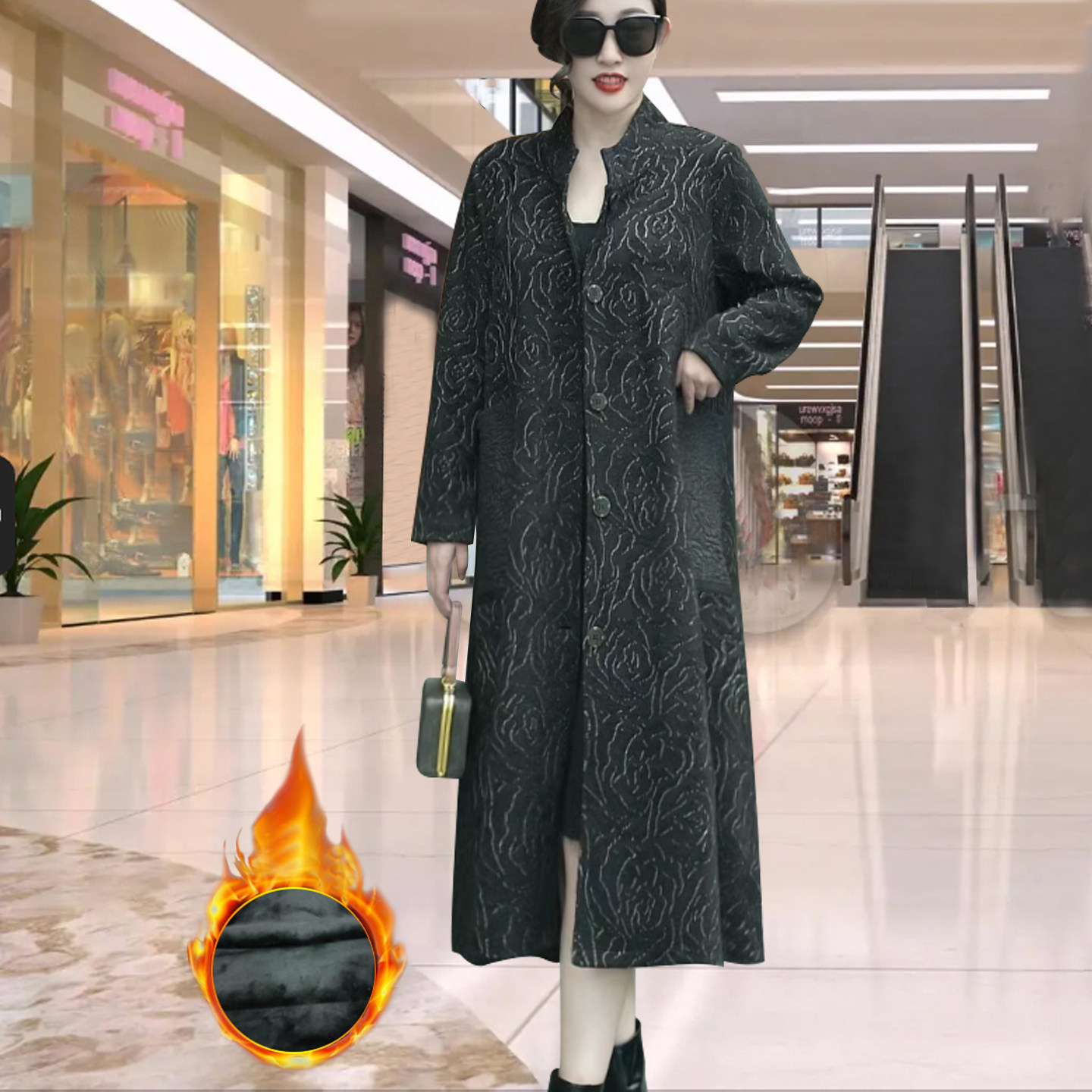 2025新款高档羊绒大衣妈妈冬装提花加绒保暖外套宽松休闲长款风衣