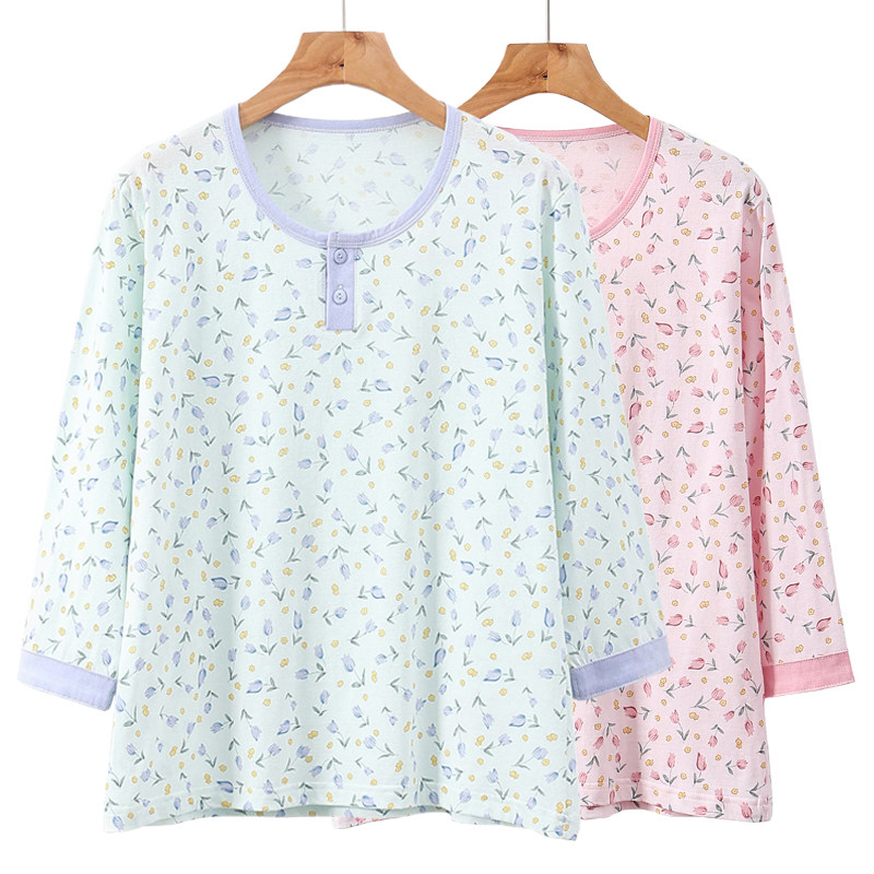 中老年人纯棉八分袖套头背心女春夏套头衫秋衣妈妈宽松薄款家居衫